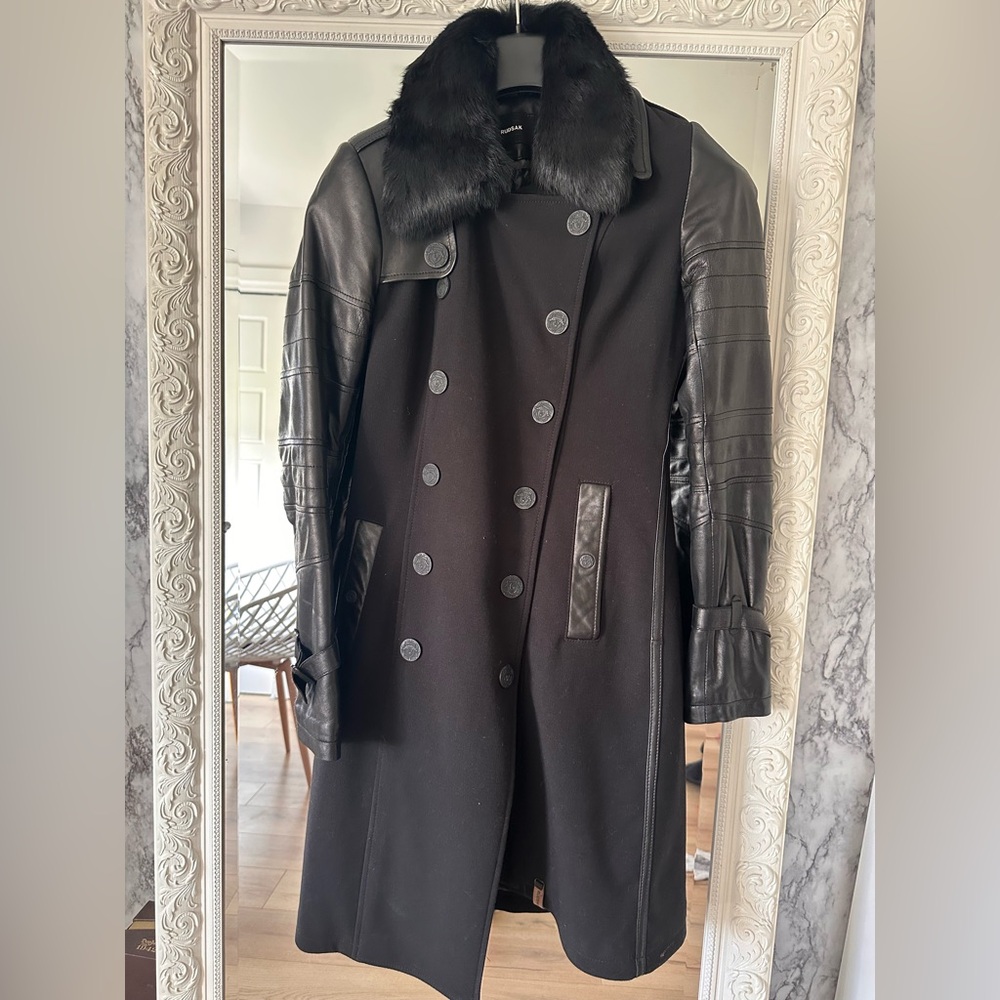 RUDSAK Black Trench Coat with Leather Sleeves